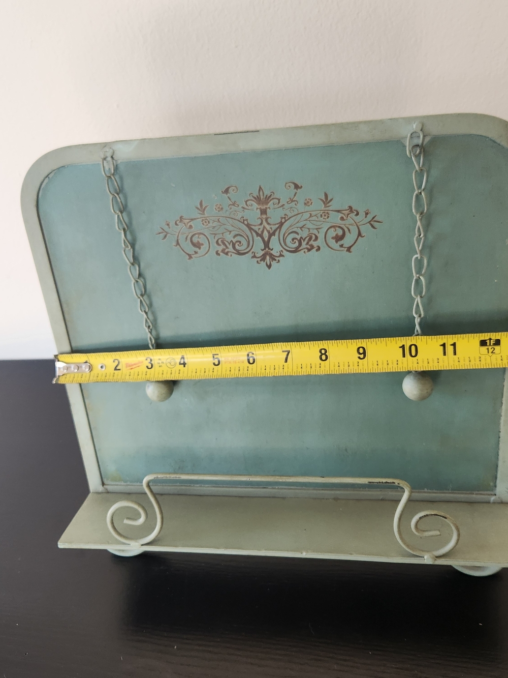 Cottagecore Shabby Chic Blue Decorative Cookbook Stand with Cream Scrollwork - Picture 4 of 5